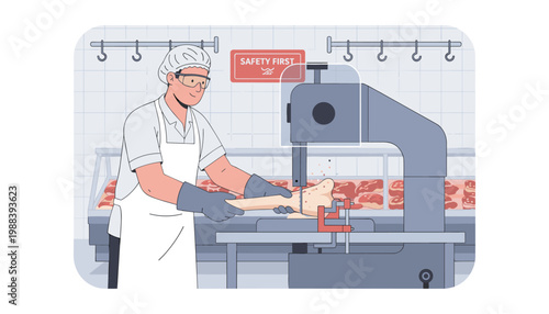 Industrial food industry worker using large electric bone saw machine to cut meat in professional facility with safety gear and protective gloves for high quality production line standards art.