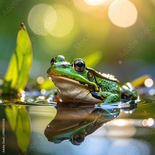 Green frog emerges from tranquil water with sunlight