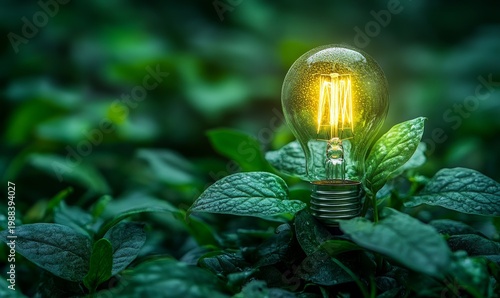 Green Energy Concept - Light Bulb Growing from Leaves
