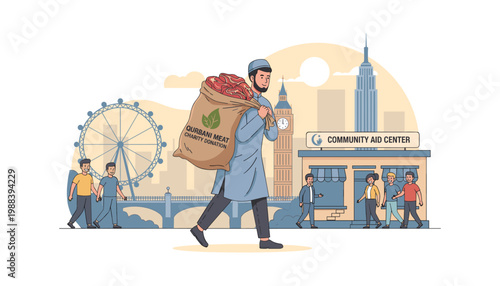 Man carries sack of qurbani meat for charity donation near community aid center and london landmarks symbolizing sharing blessings and helping needy during religious festival.