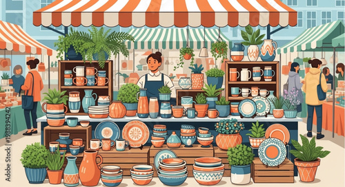 Outdoor Artisan Market Displaying Handmade Pottery and Plants.
