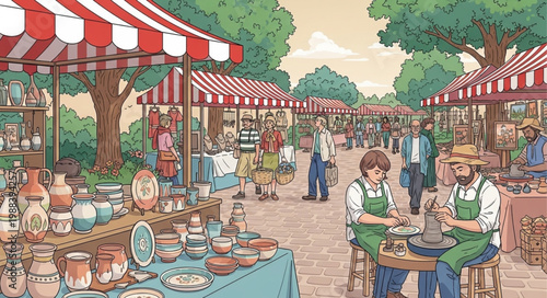 Outdoor Artisan Market Scene with Craft Stalls and Shoppers.