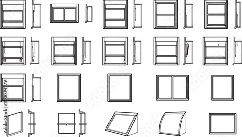 A collection of diverse architectural renderings showcasing various window designs, each illustration highlights unique frames, panes, and overall configurations, ready for designers or architects.