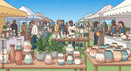 Outdoor Artisan Market Scene with Diverse Shoppers and Vendors.
