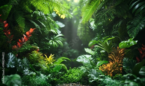 Lush Tropical Foliage with Sunlight Rays