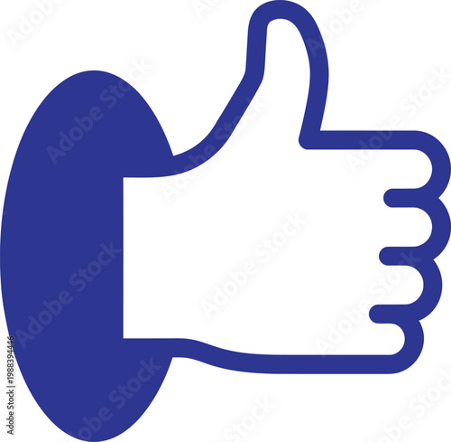 A simple flat design illustration of a blue hand giving a thumbs up gesture