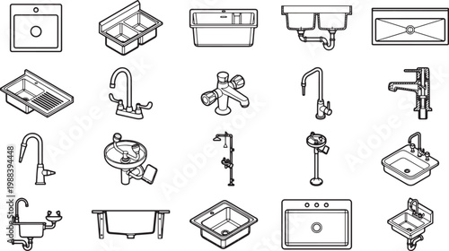 Collection of plumbing fixture icons, ideal for interior design and architectural projects, illustrating a range of options for functional and aesthetic elements. 