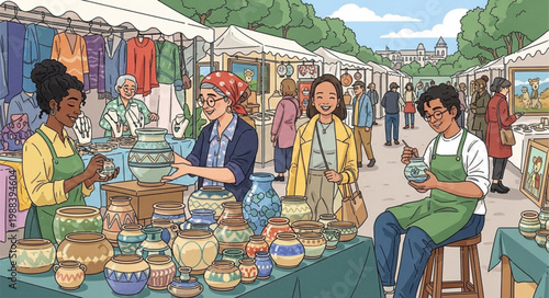 Outdoor Artisan Market Scene with Diverse Vendors and Shoppers.