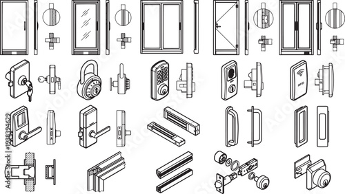 Illustrative depictions of varied door components, showcasing an assortment of designs, offering a detailed glimpse into the architectural and design elements of building entrances.