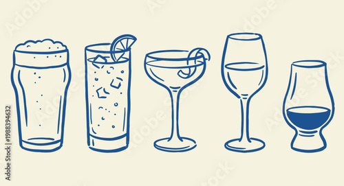 Silhouette drinkware icons showing pint glass tall glass cocktail wine glass and snifter
