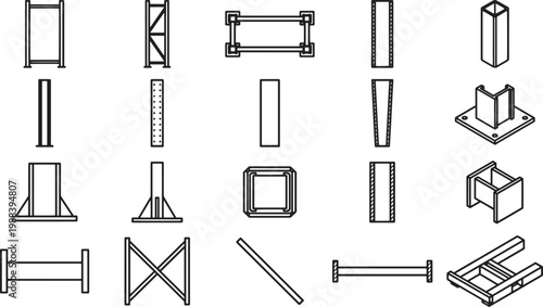 Architectural structure elements showcasing various steel profiles and construction elements for engineering and building design.