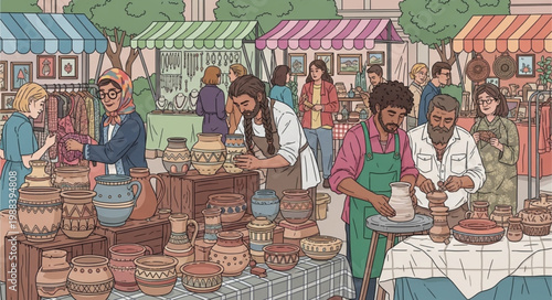 Outdoor Artisan Market Scene with Diverse Vendors and Shoppers.