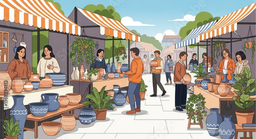Outdoor Artisan Market Scene with People and Pottery Stalls.