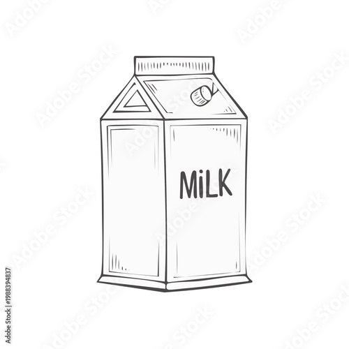 Hand-drawn sketch of a milk carton with a spout and the word "MILK" written on it.