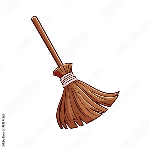 Cartoon illustration of a wooden witch's broom with straw bristles and a white band
