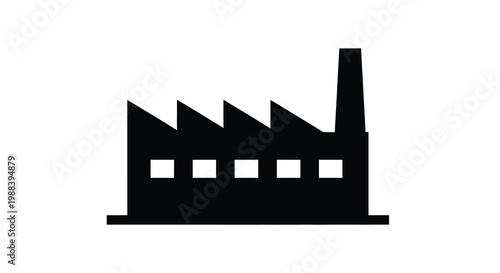 A simple black and white illustration depicts a factory building with a chimney high quality professional