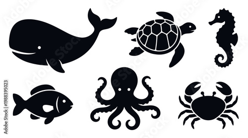 Black silhouettes of various sea creatures.
