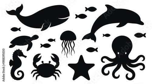 Black silhouettes of various sea creatures.