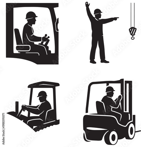 Silhouette construction worker icons showing crane operator signal worker bulldozer driver and forklift operator