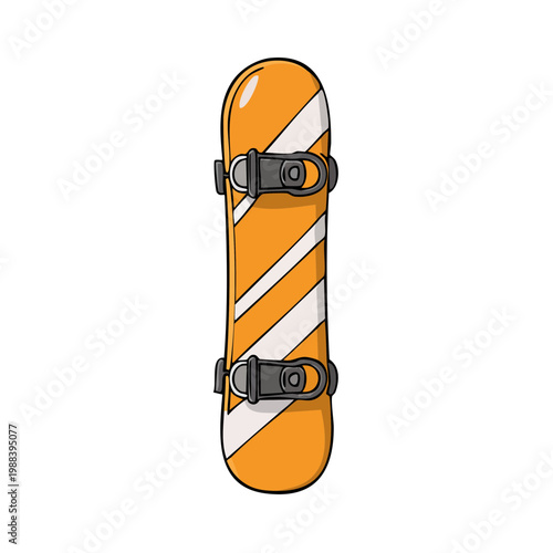 Bright Orange Snowboard with White Stripes and Black Bindings Isolated on White Background