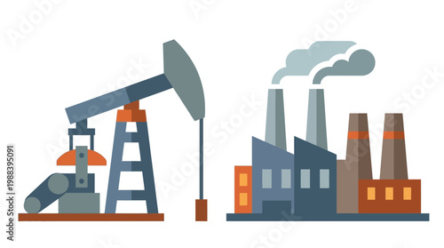 Industrial oil pump and factory buildings.