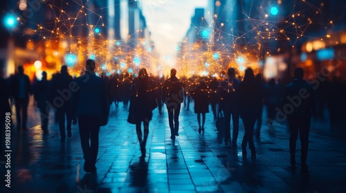 Urban Crowd with Glowing Data Network - Futuristic Cityscape