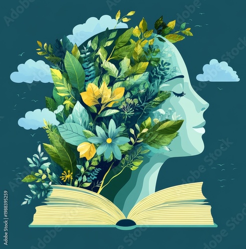 Woman's Profile with Floral and Book Illustration - Symbol of Knowledge and Nature