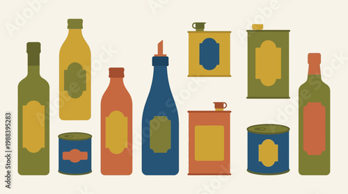 Colorful illustration of various bottles and containers.