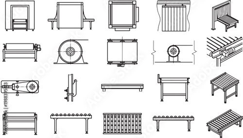 Blueprint style drawing of various pieces of equipment, illustrating the details and functionality of a variety of machines for the industrial industry.