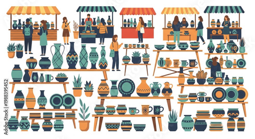 Outdoor Ceramic Pottery Market Scene with Stalls and Shoppers.