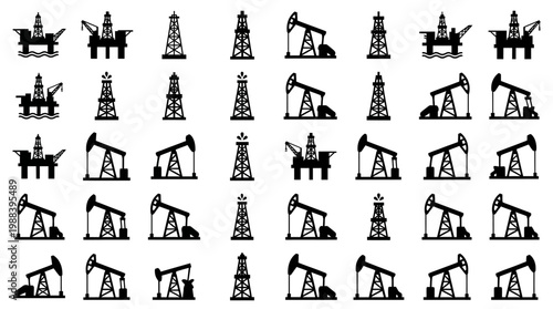 Collection of oil pump jack and drilling rig silhouettes for industrial designs.