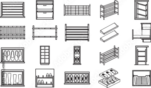 An assortment of various shoe rack designs, minimalist illustrations for storage solutions. A clean aesthetic, functional home decor.
