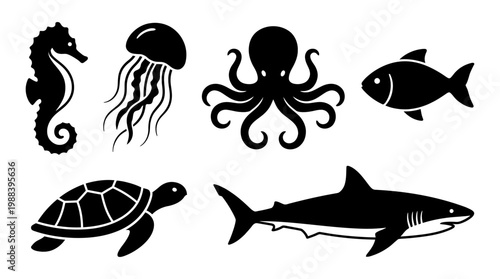 Black silhouettes of various sea creatures.