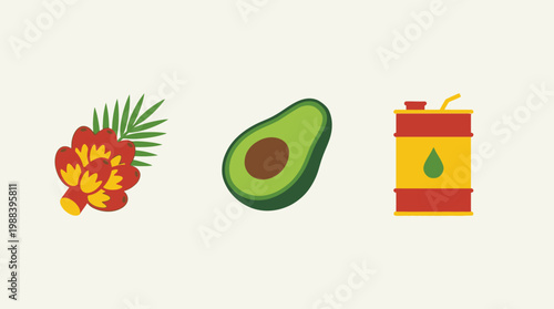 Tropical icons including flower avocado and oil can.