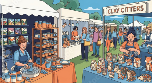 Outdoor Craft Fair with Clay Critters and People.