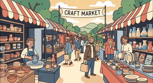 Outdoor Craft Market Scene with Stalls and Shoppers.