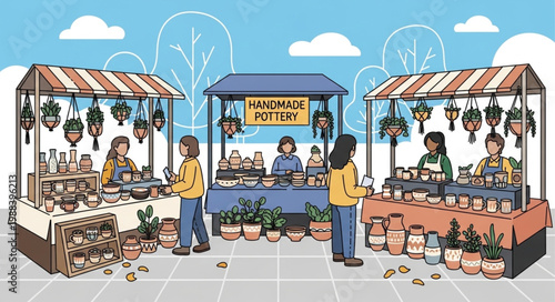 Outdoor craft market with stalls and people browsing.