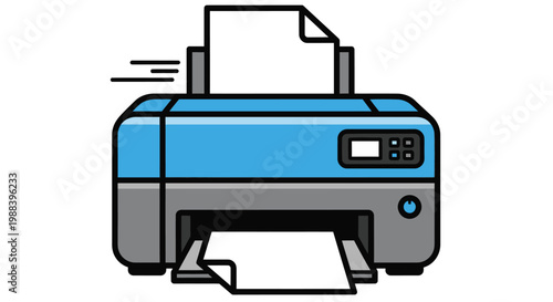 A colorful illustration depicting a modern inkjet printer in operation