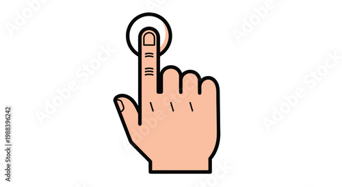 A cartoon hand pointing and pressing a circular button interface