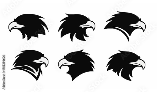 Black eagle head silhouette logo set with strong bird mascot icons for sports branding and modern identity design