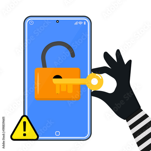 Hand of hacker trying to unlocked padlock on mobile screen  with stolen key. Concept of hacker attack, data theft, cyber attack, and smartphone privacy risk.