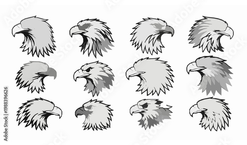 Detailed eagle head logo vector set with line art bird mascot designs for premium branding and emblem use
