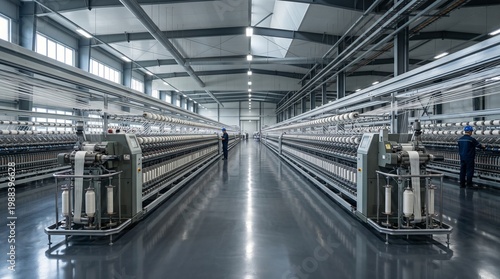 Bright, expansive modern textile factory interior featuring advanced automated spinning machinery and diligent workers, symbolizing industrial efficiency and contemporary production