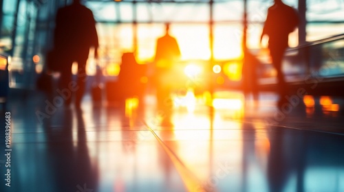 Blurred silhouettes of travelers in airport terminal backlit by golden sunset, creating a dreamy atmosphere of journey and anticipation. Reflective floor adds depth.