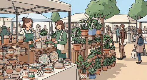 Outdoor Farmers Market Scene with Plants and Crafts.