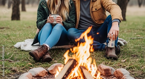 Young couple sitting on grass by campfire enjoying warm drinks in forest setting.