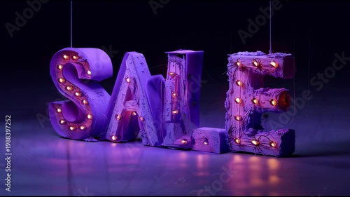 Colorful illuminated letters spelling SALE with decorative lights in a dark setting, showcasing the vibrant design and artistic details of each letter