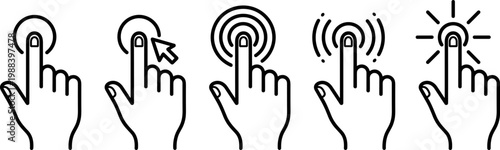touchscreen interaction icon collection with finger tap click press and mobile gesture symbols outline vector set isolated on transparent background