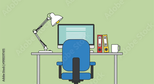 A brightly lit workspace featuring a desk chair and dual computer monitors