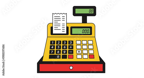 A brightly colored cartoon style illustration of a vintage cash register